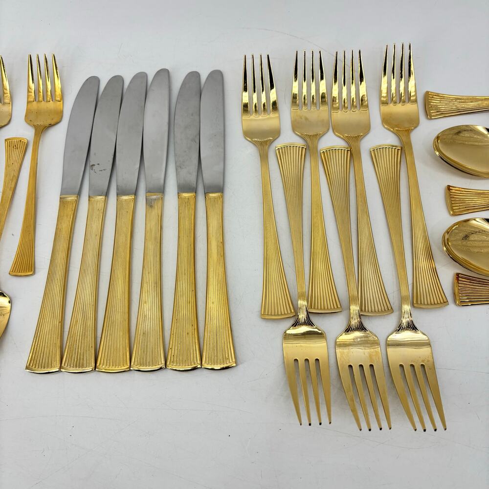 Golden Barclay Gold Tone Flatware 25 Pcs Hollywood Regency Fork Spoon - Picture 8 of 10
